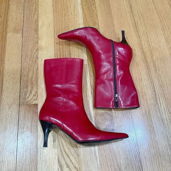 Cole Haan City Red Leather Pointed Toe Ankle Boots Kitten Heel Womens Size 6 EUC - Picture 5 of 16